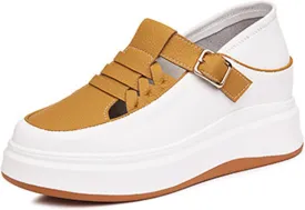 Aceptolcom Women Adjustable Wedge Sneakers Platform Sneakers,Leather Hook and Loop Hidden Height Increase Non-Slip Wedge Heel Sneakers