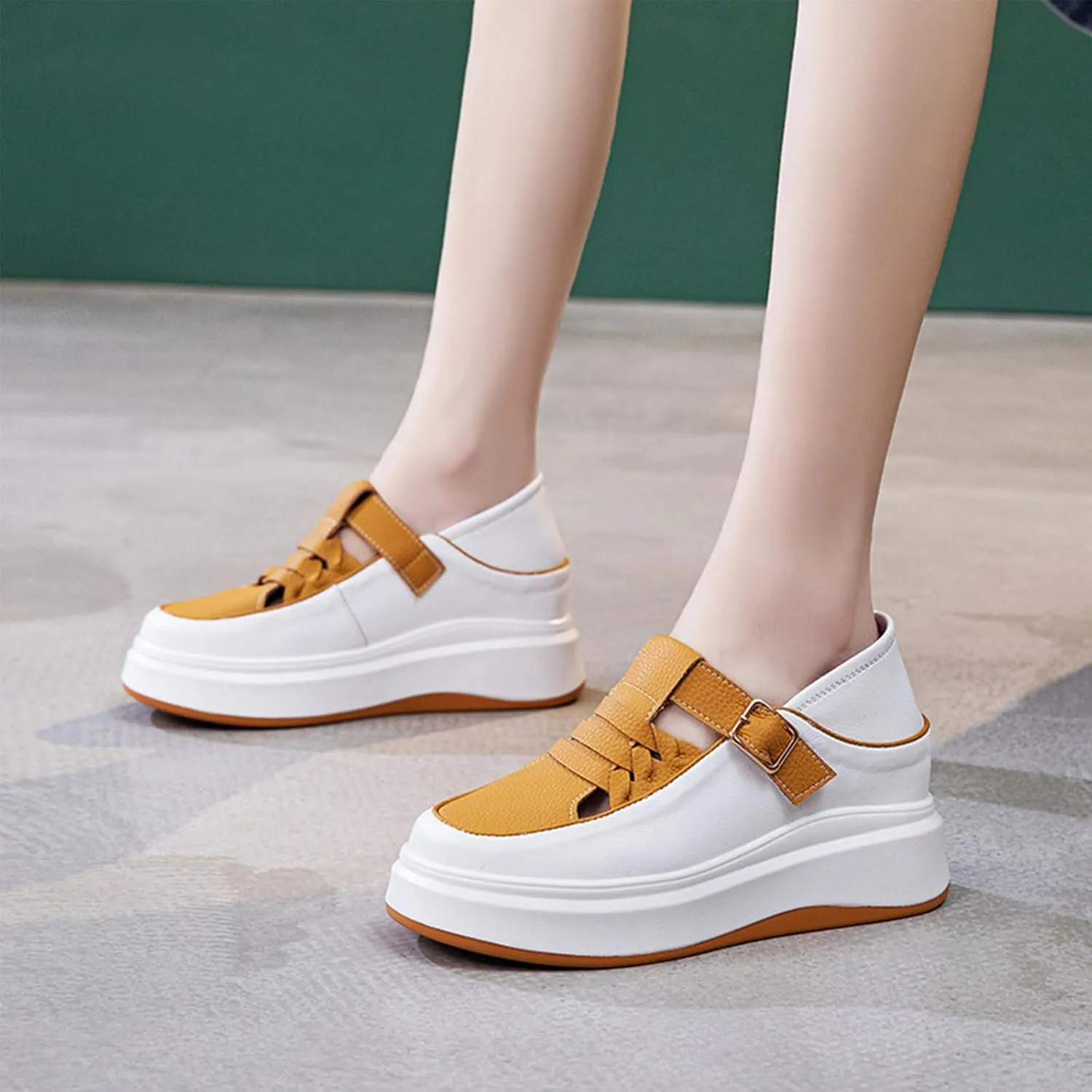 Aceptolcom Women Adjustable Wedge Sneakers Platform Sneakers,Leather Hook and Loop Hidden Height Increase Non-Slip Wedge Heel Sneakers