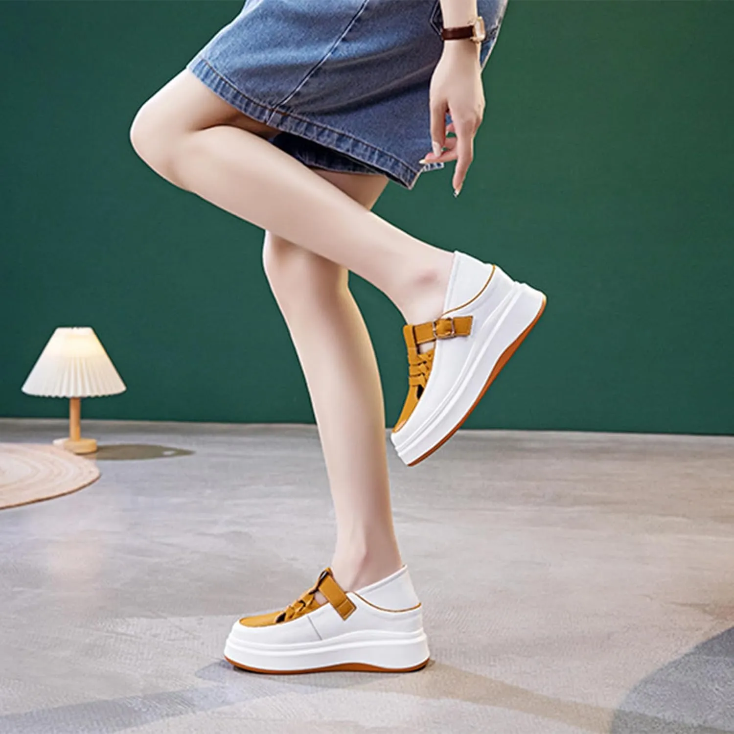 Aceptolcom Women Adjustable Wedge Sneakers Platform Sneakers,Leather Hook and Loop Hidden Height Increase Non-Slip Wedge Heel Sneakers