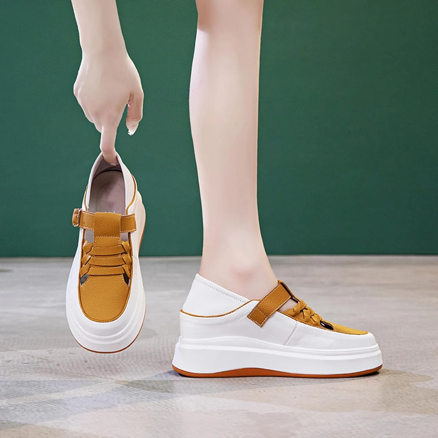 Aceptolcom Women Adjustable Wedge Sneakers Platform Sneakers,Leather Hook and Loop Hidden Height Increase Non-Slip Wedge Heel Sneakers