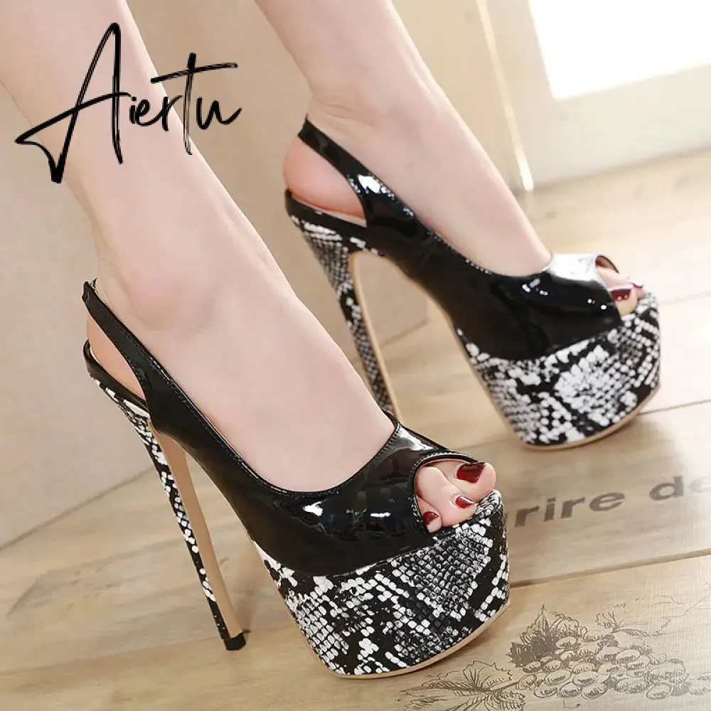 Aiertu Sexy Women Dress Pumps Wedding Fetish Shoe 16CM High Heels Peep toe Platform Patent Leather Nighclub Shoes Women Black Pumps
