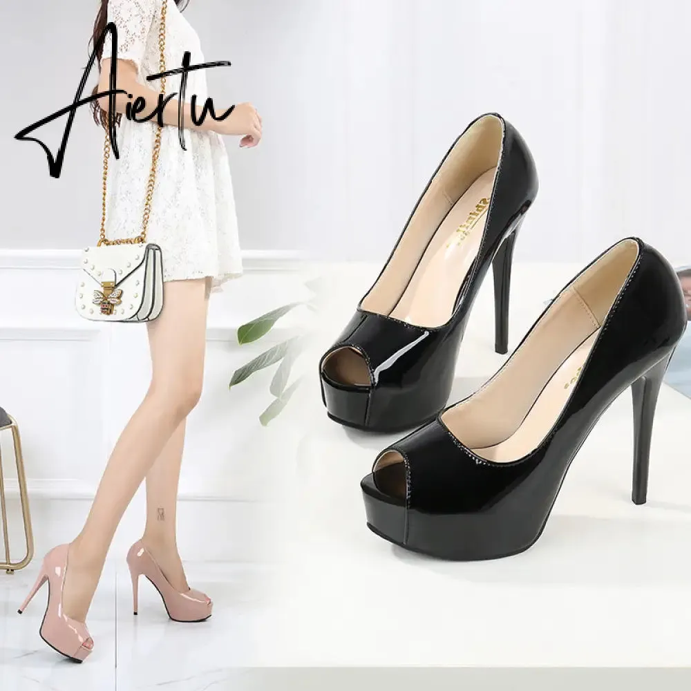 Aiertu Sexy Women Dress Pumps Wedding Fetish Shoe 16CM High Heels Peep toe Platform Patent Leather Nighclub Shoes Women Black Pumps