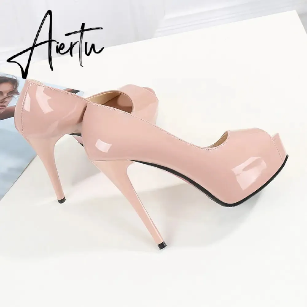 Aiertu Sexy Women Dress Pumps Wedding Fetish Shoe 16CM High Heels Peep toe Platform Patent Leather Nighclub Shoes Women Black Pumps