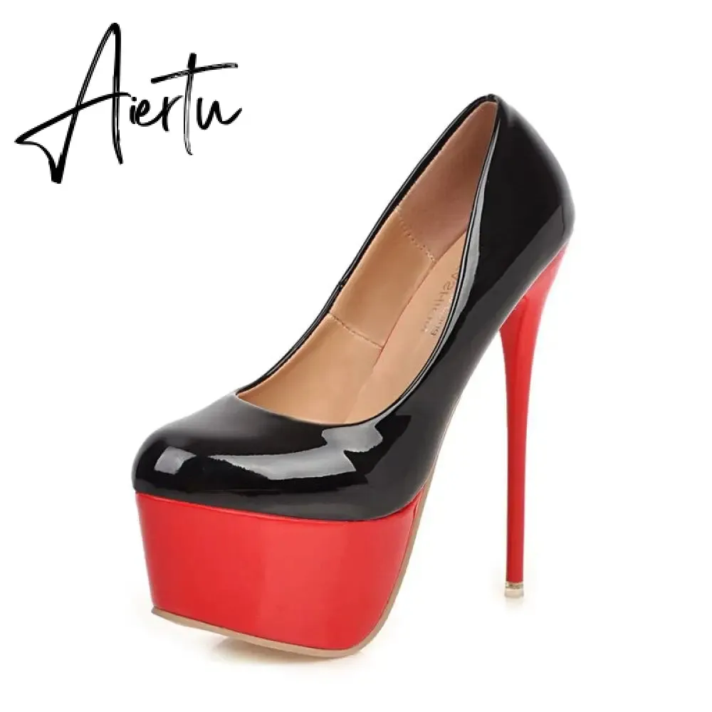 Aiertu Sexy Women Dress Pumps Wedding Fetish Shoe 16CM High Heels Peep toe Platform Patent Leather Nighclub Shoes Women Black Pumps