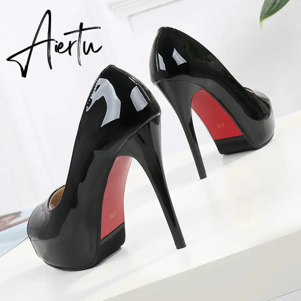 Aiertu Sexy Women Dress Pumps Wedding Fetish Shoe 16CM High Heels Peep toe Platform Patent Leather Nighclub Shoes Women Black Pumps