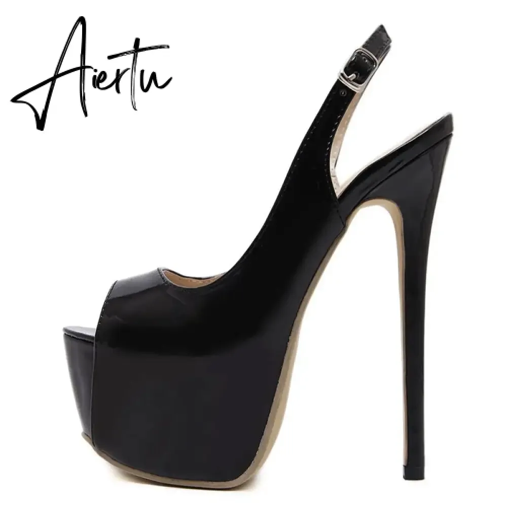 Aiertu Sexy Women Dress Pumps Wedding Fetish Shoe 16CM High Heels Peep toe Platform Patent Leather Nighclub Shoes Women Black Pumps