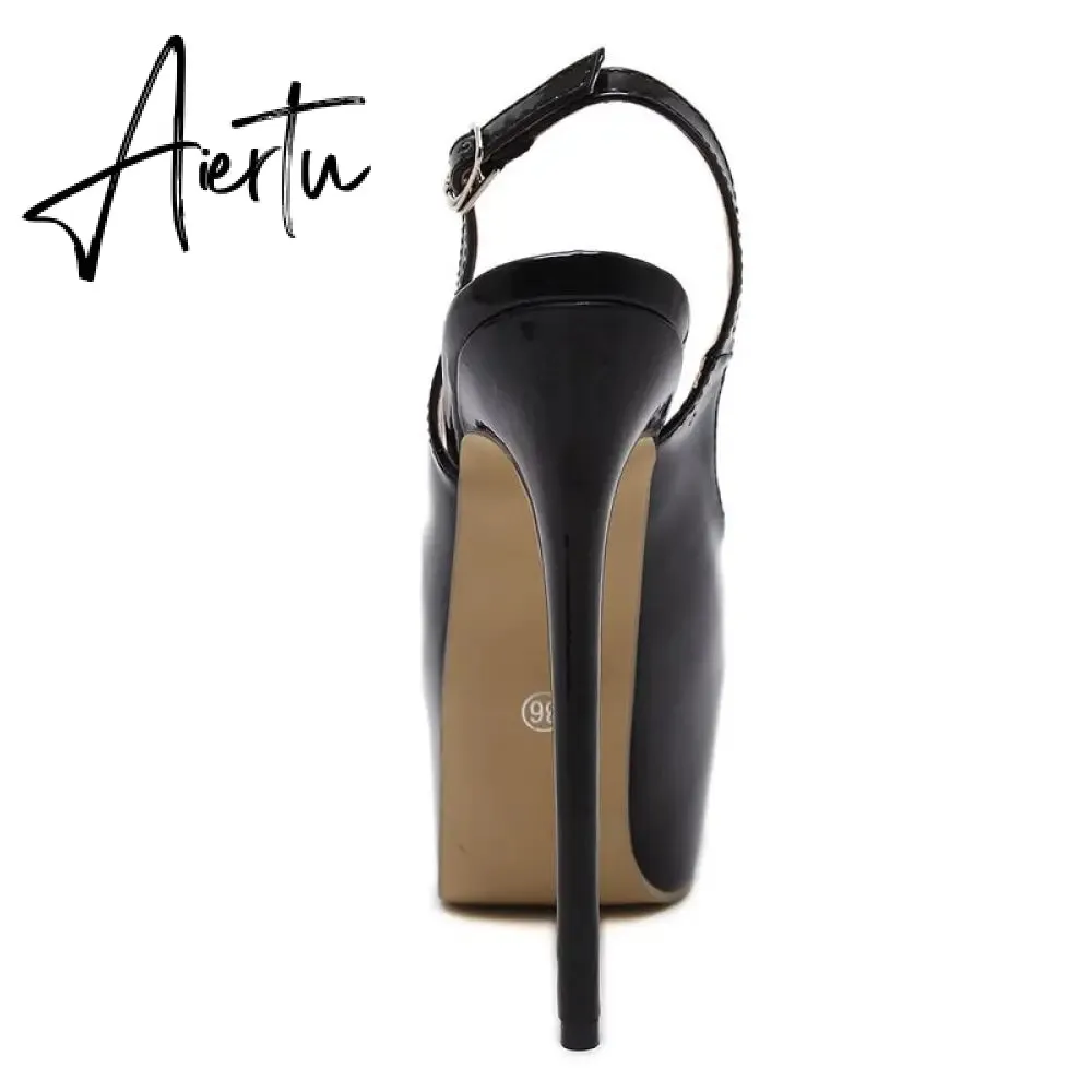 Aiertu Sexy Women Dress Pumps Wedding Fetish Shoe 16CM High Heels Peep toe Platform Patent Leather Nighclub Shoes Women Black Pumps