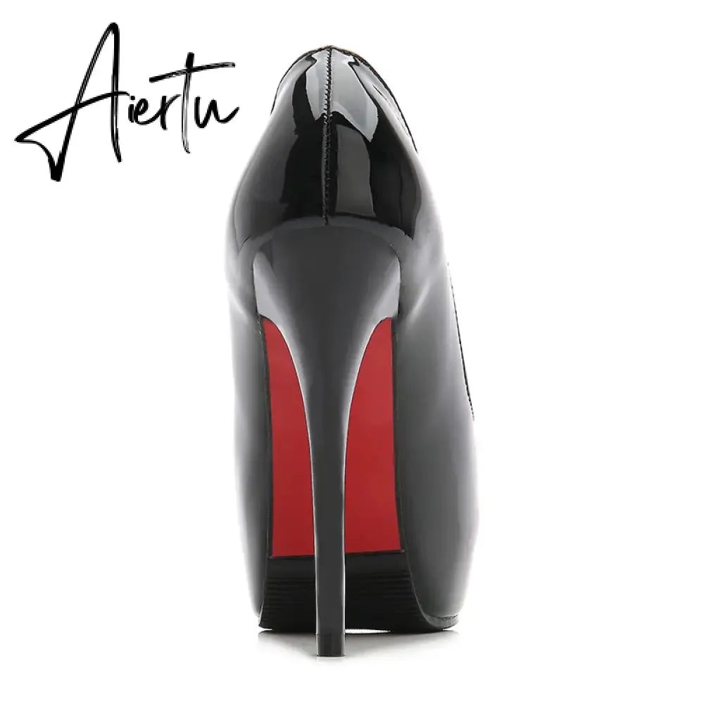 Aiertu Sexy Women Dress Pumps Wedding Fetish Shoe 16CM High Heels Peep toe Platform Patent Leather Nighclub Shoes Women Black Pumps