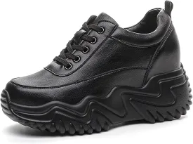 AONEGOLD Platform Sneakers High Heel Wedge Sneakers for Women Fashion Leather Chunky Sneakers Casual Walking Shoes Lace up Sneakers Increasing 3.15 inch