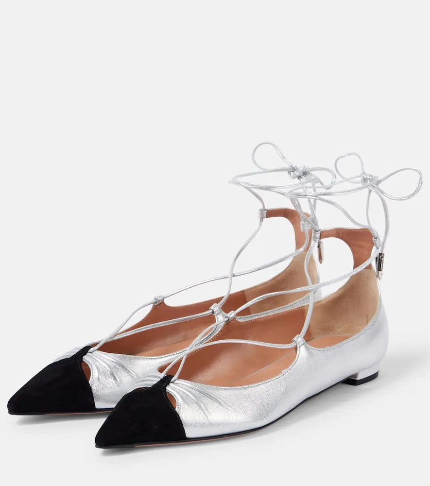 Aquazzura Gabi suede-trimmed metallic leather flats