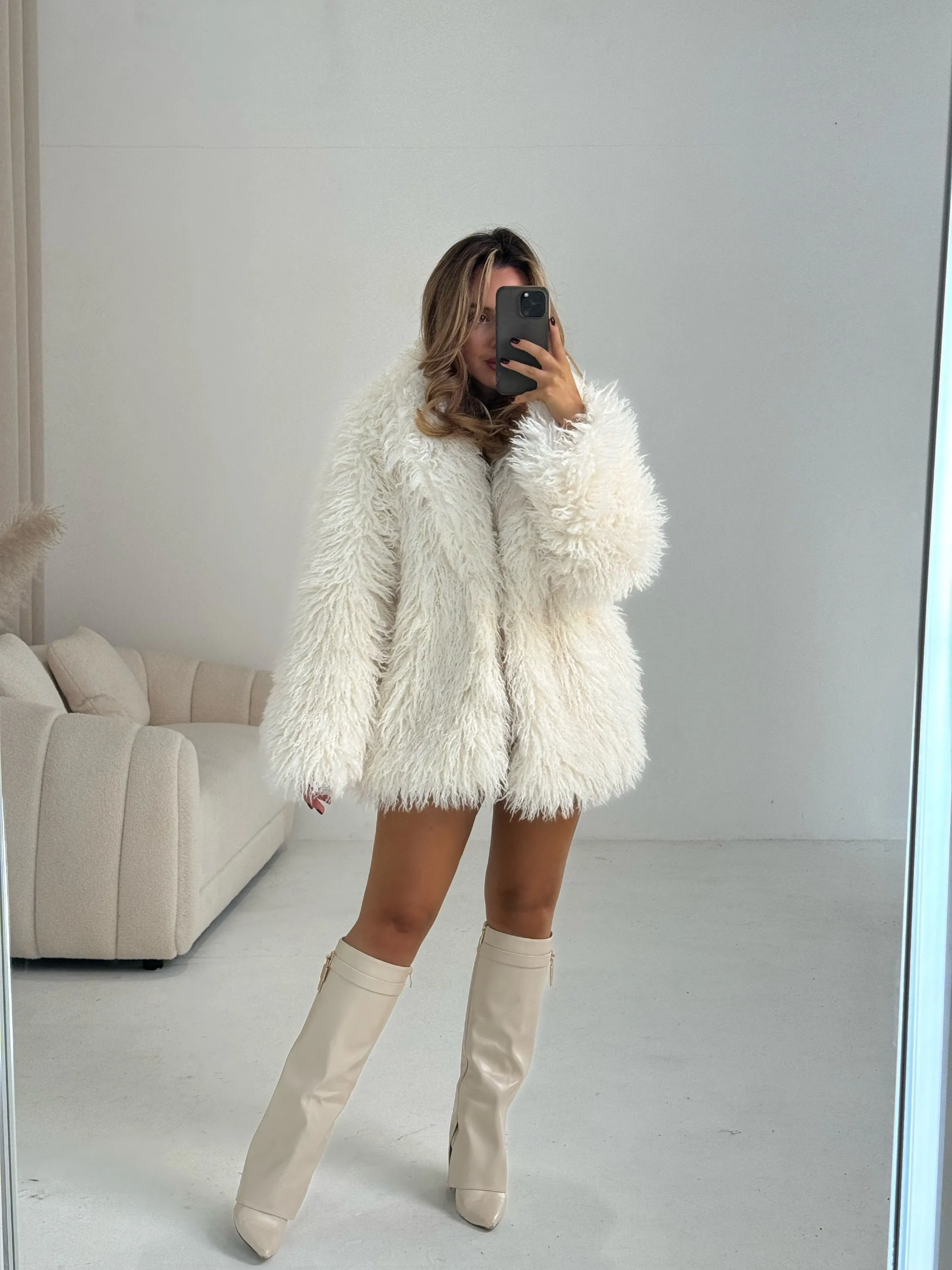 ARCTIC Long Sleeved Faux Mongolian Collared Jacket In Frost