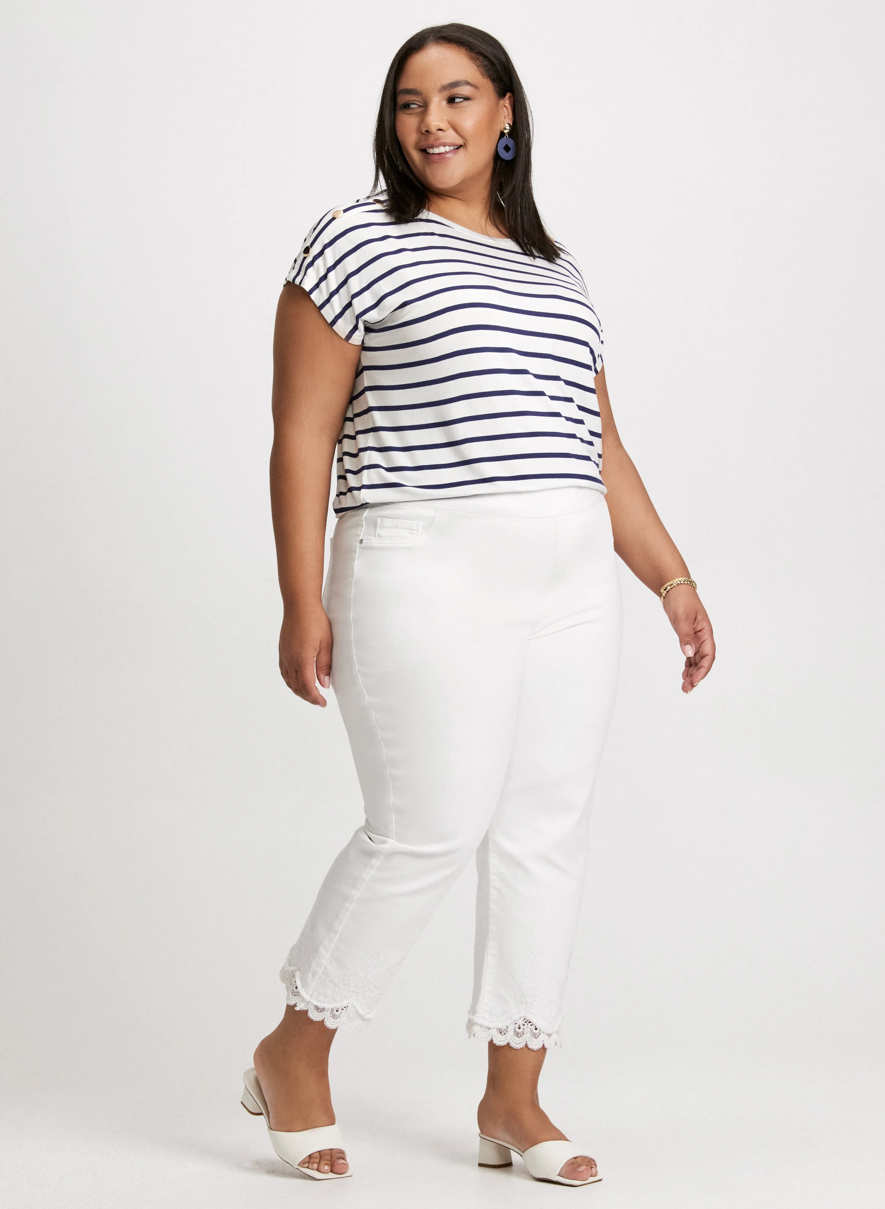 Buttoned Shoulder Striped T-Shirt