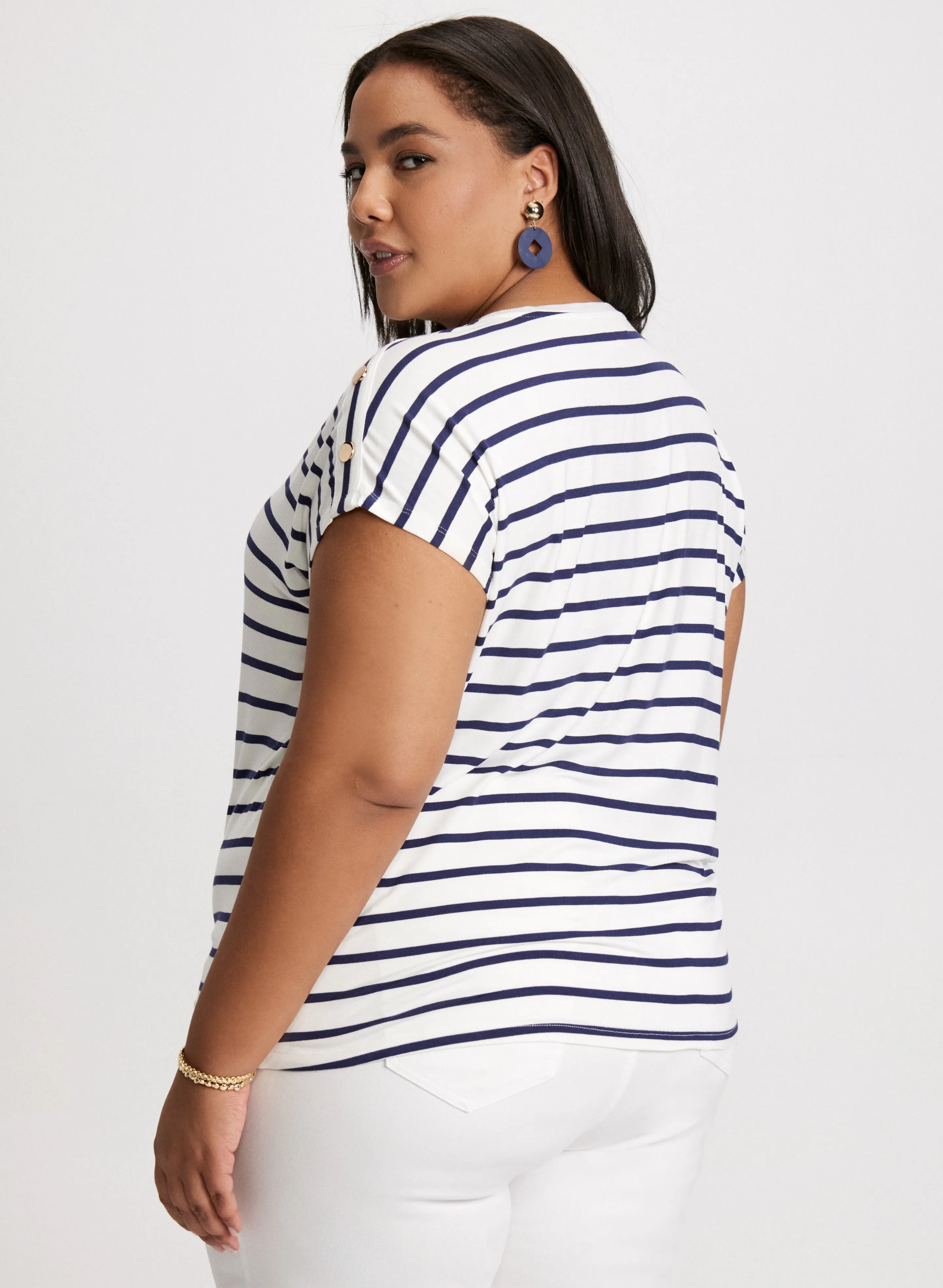 Buttoned Shoulder Striped T-Shirt