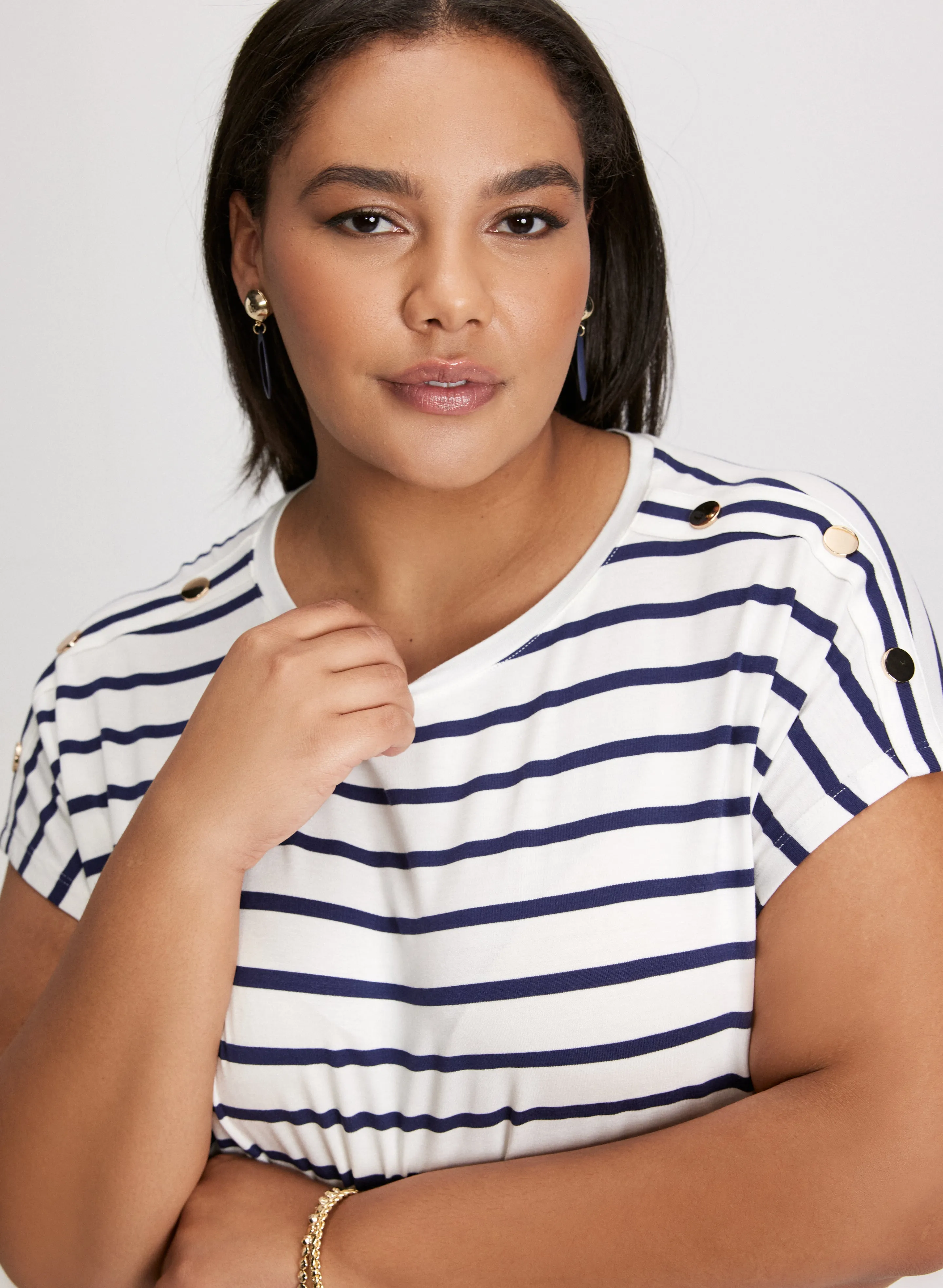 Buttoned Shoulder Striped T-Shirt