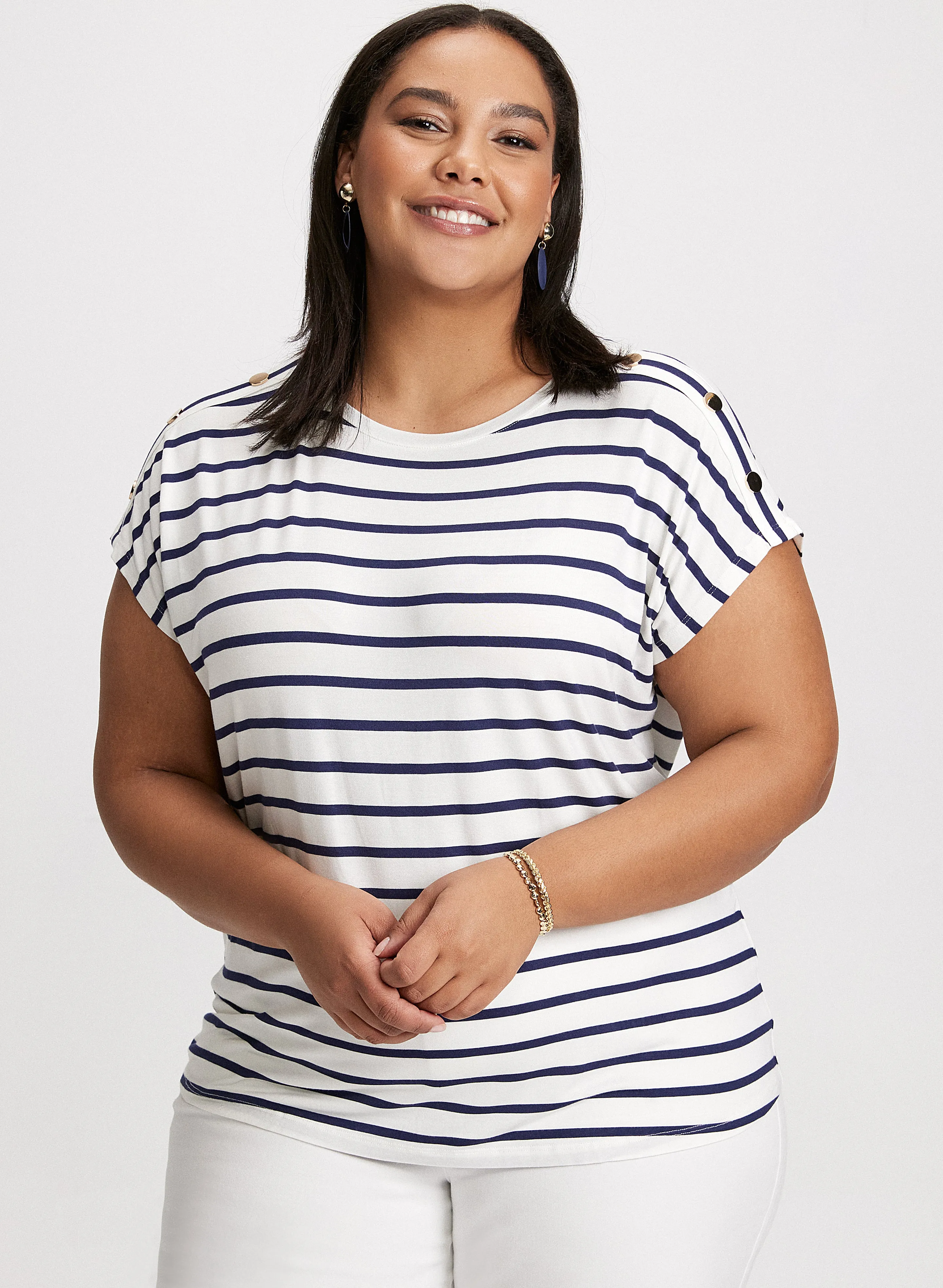 Buttoned Shoulder Striped T-Shirt