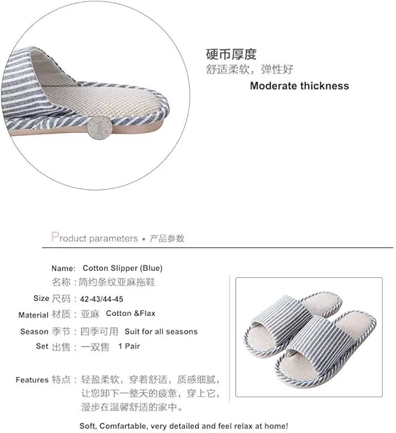 Japanese-style All Seasons Comfortable Casual Linen Cotton Flax Slipper Indoor Use Women's and Men's House Slipper Blue