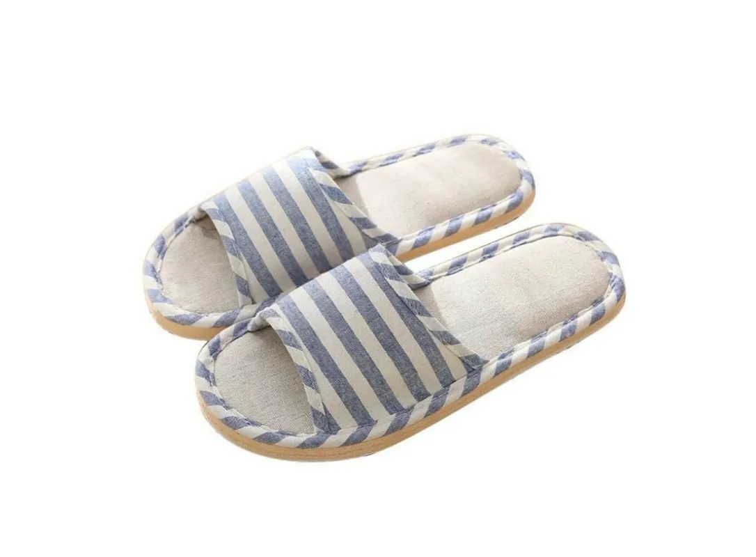 Japanese-style All Seasons Comfortable Casual Linen Cotton Flax Slipper Indoor Use Women's and Men's House Slipper Blue