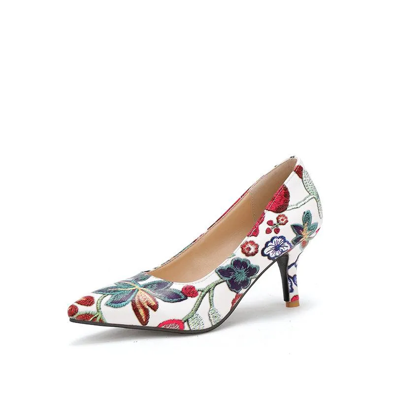 Lady Floral Print Pointed Shallow-mouthed Woman Pumps Thin Heels