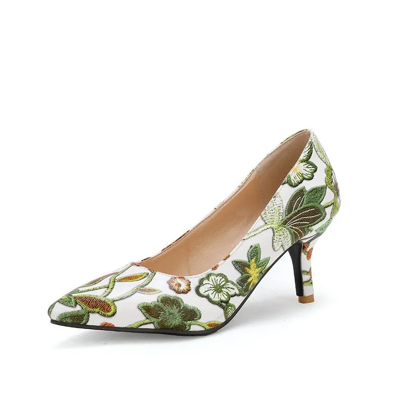 Lady Floral Print Pointed Shallow-mouthed Woman Pumps Thin Heels
