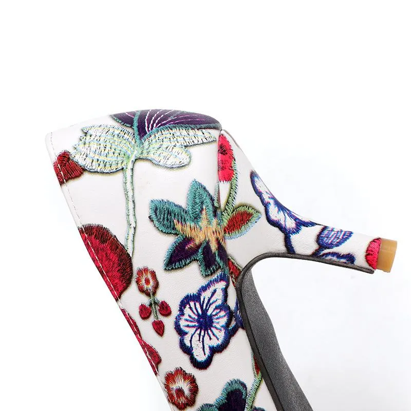 Lady Floral Print Pointed Shallow-mouthed Woman Pumps Thin Heels