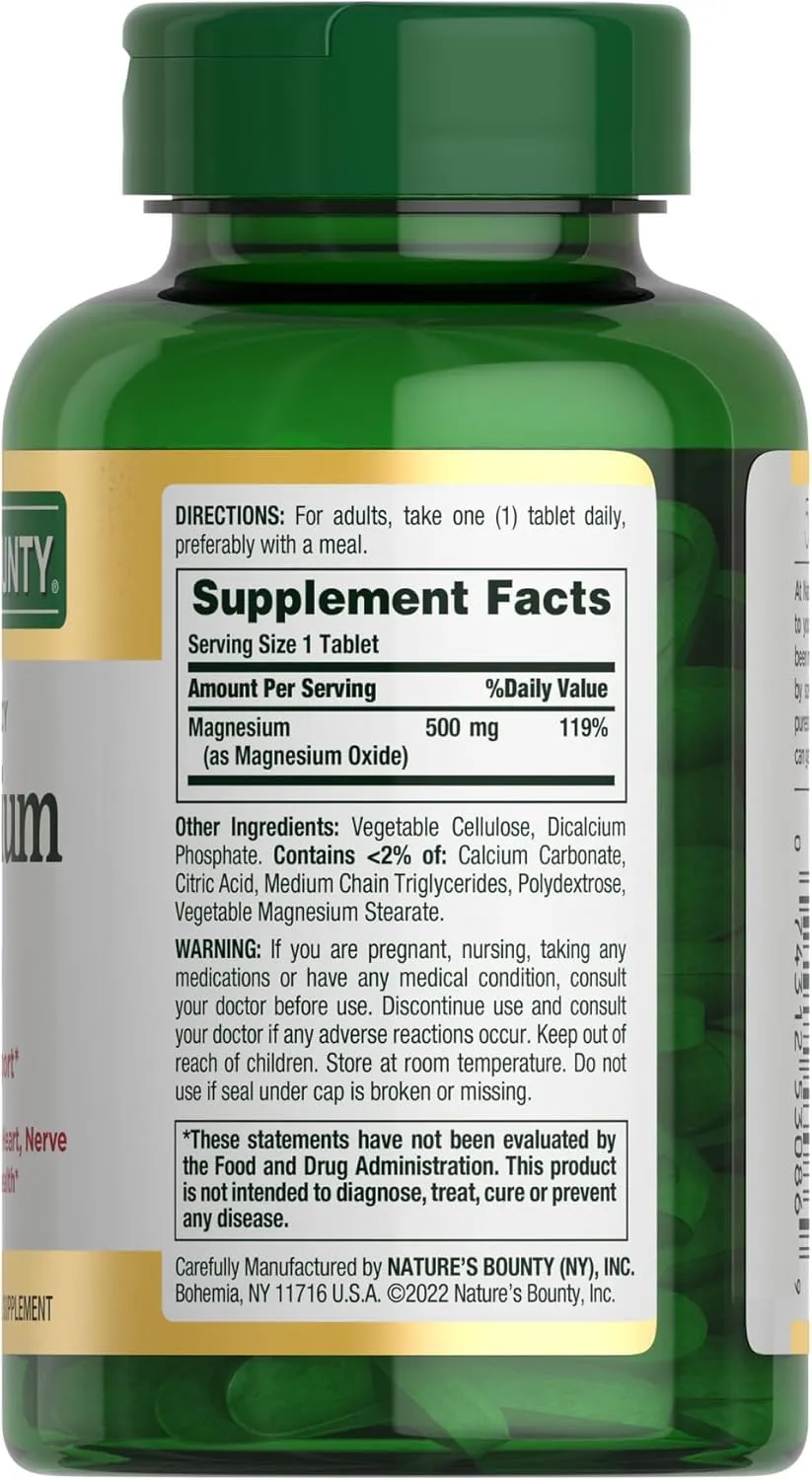 Nature's Bounty Magnesium Supplements - Magnesium 500 Mg Tablets for Bone & Muscle Health, 200 Count (Pack of 1)