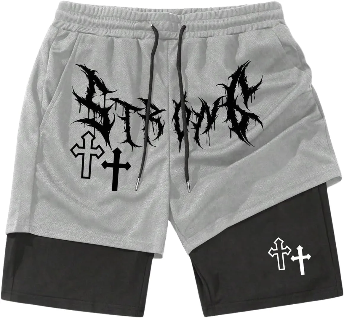 SHENHE Men's Graphic Shorts with Liner Cross Print Drawstring 2 in 1 Goth Gym Track Bottoms