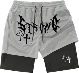 SHENHE Men's Graphic Shorts with Liner Cross Print Drawstring 2 in 1 Goth Gym Track Bottoms