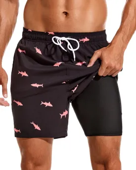 SILKWORLD Mens Swimming Trunks with Compression Liner 2 in 1 Quick-Dry Swim Shorts with Zipper Pockets