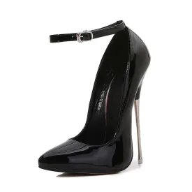 Tikicup Sexy Metal Stiletto 16cm Extreme High Heels Women Patent Slingbacks Pumps Fetish Ankle Strap Model Party Unisex Shoes