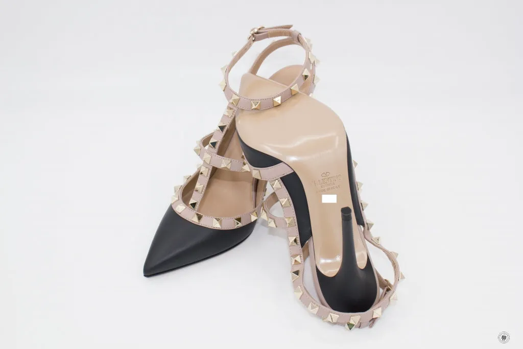 Valentino MW2S0393VOD Rockstud Ankle Strap 100MM / 4" N91 / Nero Poudre Calfskin 37.5 Heels Pbhw