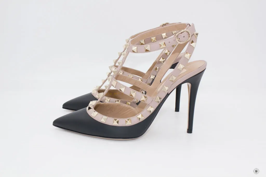 Valentino MW2S0393VOD Rockstud Ankle Strap 100MM / 4" N91 / Nero Poudre Calfskin 37.5 Heels Pbhw