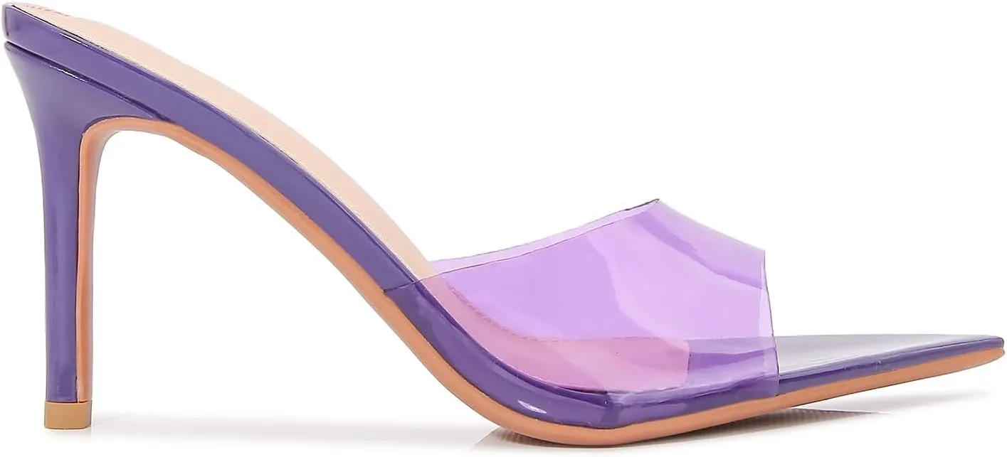 Women's Clear Pointed Open Toe Stiletto Heel Slide Sandals Fashion Sexy Slip On Transparent Strap High Heels Mules Summer Backless Party Wedding Prom Dress Shoes