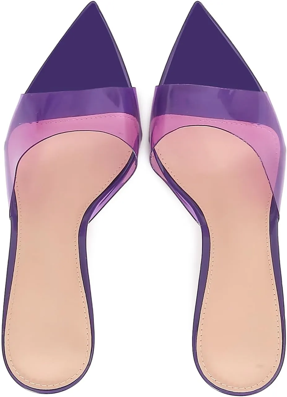 Women's Clear Pointed Open Toe Stiletto Heel Slide Sandals Fashion Sexy Slip On Transparent Strap High Heels Mules Summer Backless Party Wedding Prom Dress Shoes