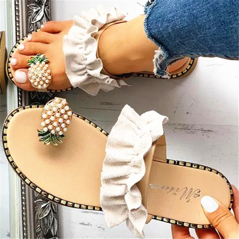 Women's pineapple toe ring slide sandals ruffles decor flat sandals